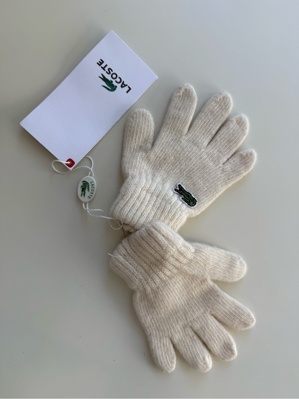Lacoste Kids Cream Knit Mittens with Green Croc Patch